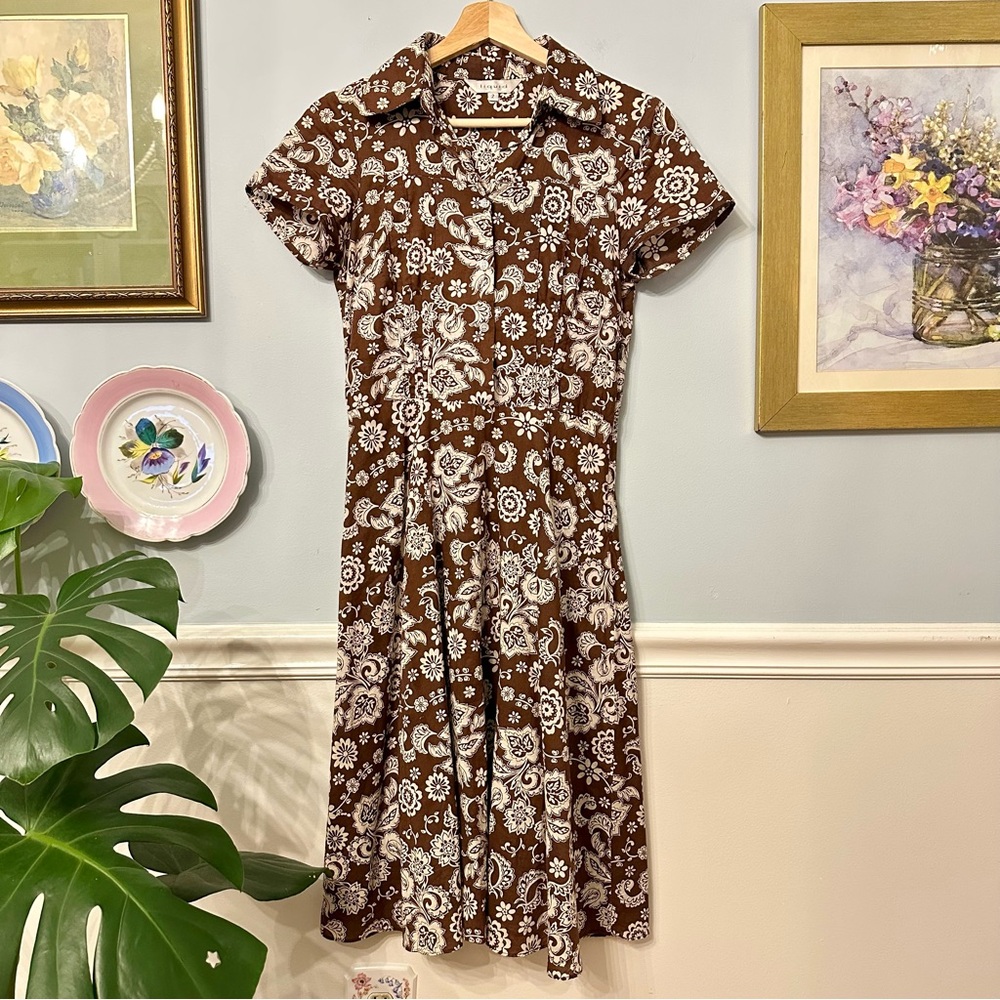 Vintage 90s Brown Shirt Dress Size 2  Floral Boho Paisley Surf Swing